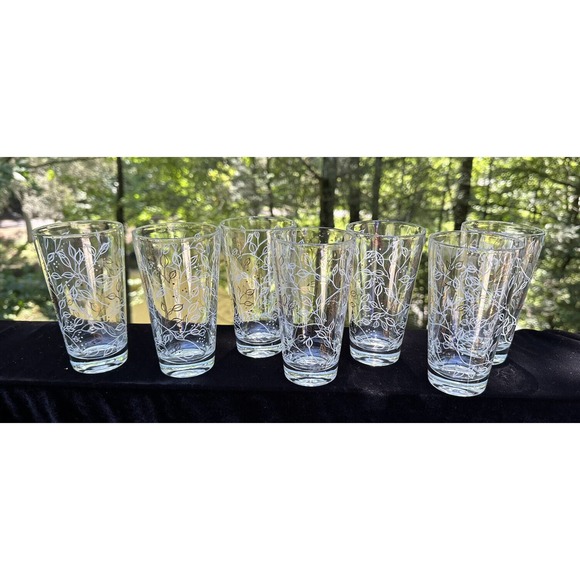 7 Stunning MCM 1970s Vintage White & Gold Leaf Vine Glass Cups Bar Wear -S17 - Picture 1 of 11